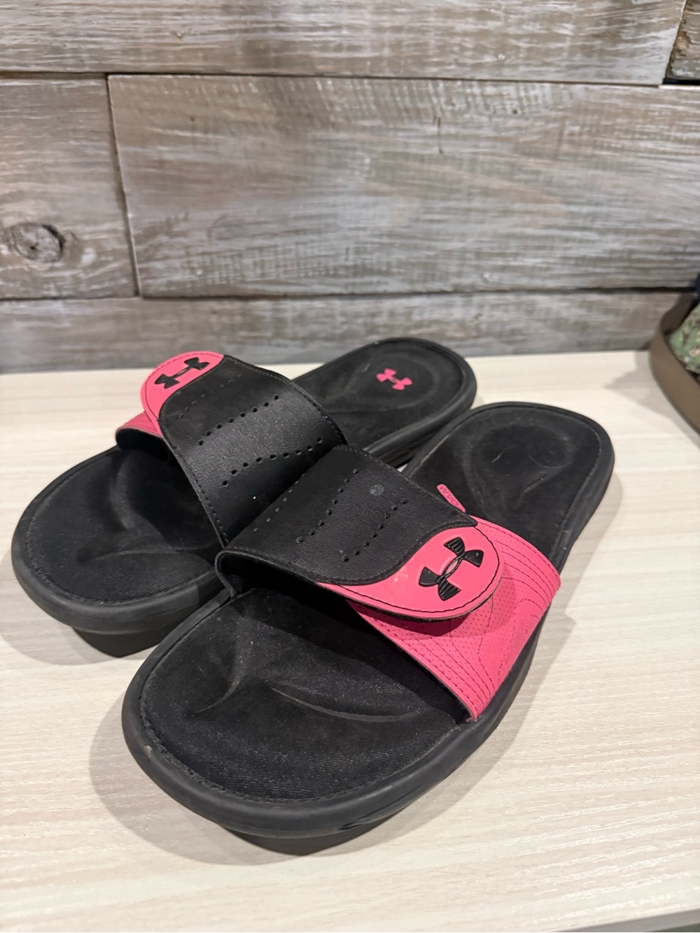 Under Armour Black and Pink Adjustable Slide Sandals